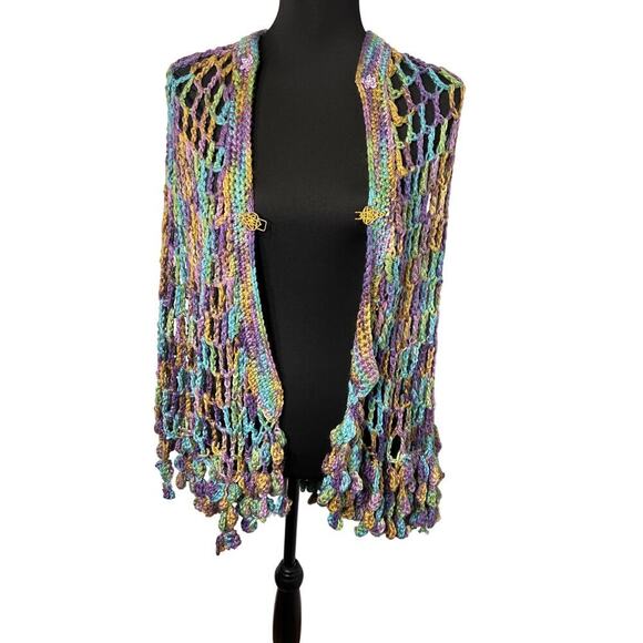 Open knit crochet pastel bobble gold-tone clasp hand knitted Gypsy Girl Shawl - Picture 8 of 8